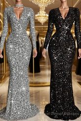 Sheath/Column V-neck Sweep Train Evening Dresses